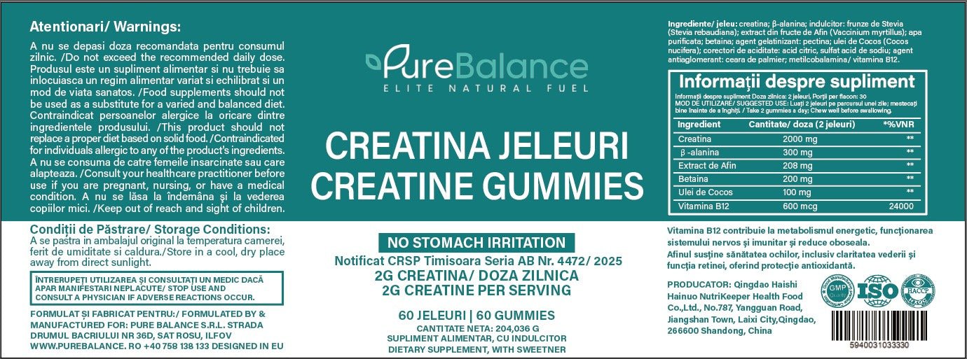💥 Creatina HCL Jeleuri 2g (Echivalent 4g Monohidrat) – 60 Jeleuri (30 zile )– Forță, Energie & Absorbție Maximă | Pure Balance - Pure Balance