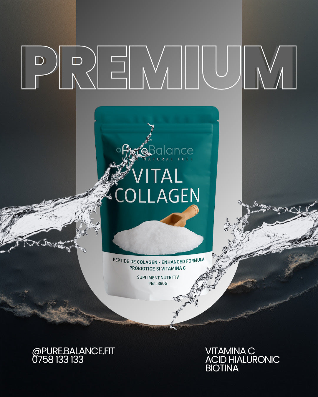 💖 Vital Collagen – Pulbere Colagen 12.000 mg, Multi-Complex cu Biotină & Acid Hialuronic pentru Piele, Păr & Articulații | Pure Balance