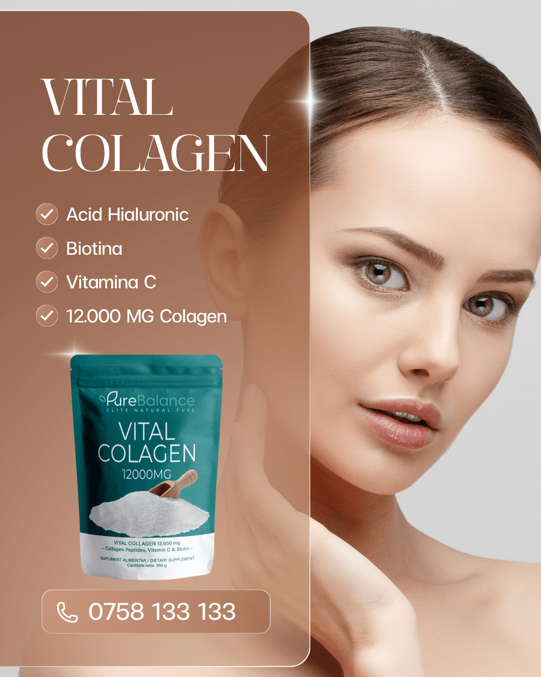 Complex Colagen Pulbere 12.000 mg + Acid Hialuronic & Biotină | Vital Colagen Pure Balance | Piele, Păr, Articulații | 360g (30 Zile) - Pure Balance
