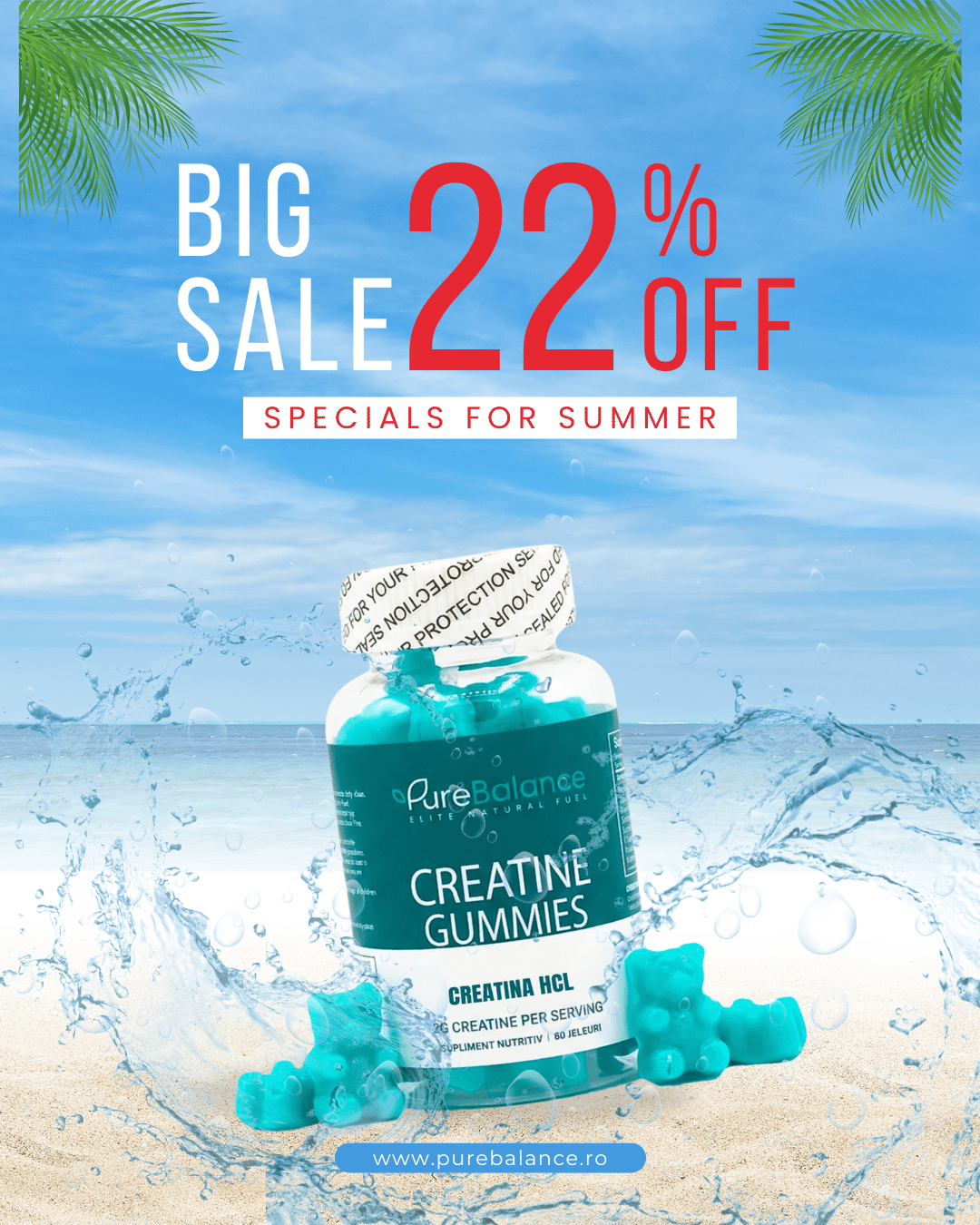 💥 Creatina HCL Jeleuri 2g (Echivalent 4g Monohidrat) – 60 Jeleuri (30 zile )– Forță, Energie & Absorbție Maximă | Pure Balance - Pure Balance