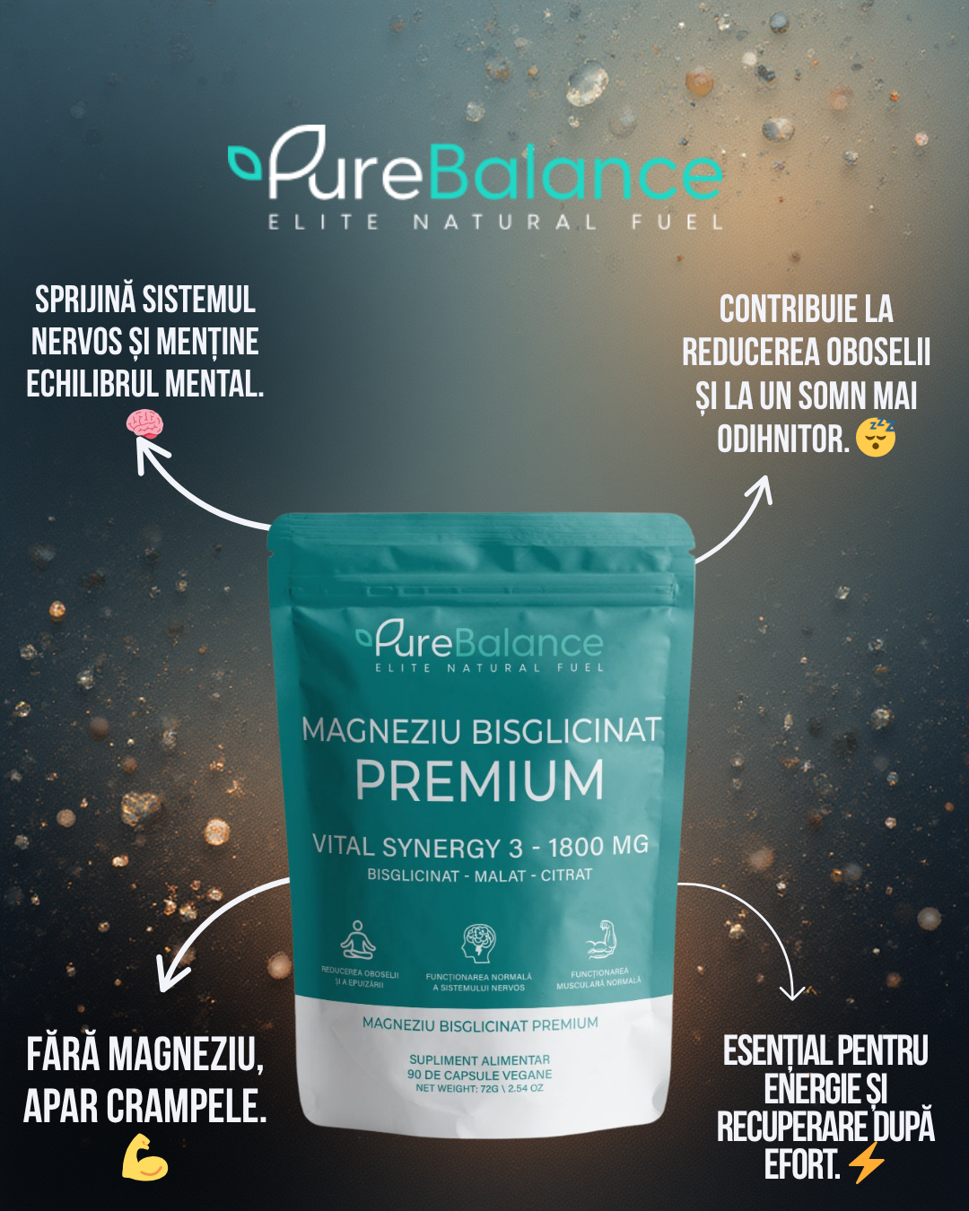 💤 Magneziu Bisglicinat Premium VITAL Synergy 3 (Bisglicinat + Malat + Citrat) – 90 Capsule Vegane pentru Somn, Relaxare & Anti-Crampe | Pure Balance