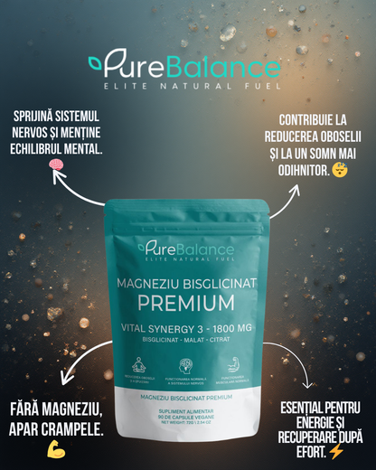 💤 Magneziu Bisglicinat Premium VITAL Synergy 3 (Bisglicinat + Malat + Citrat) – 90 Capsule Vegane pentru Somn, Relaxare & Anti-Crampe | Pure Balance