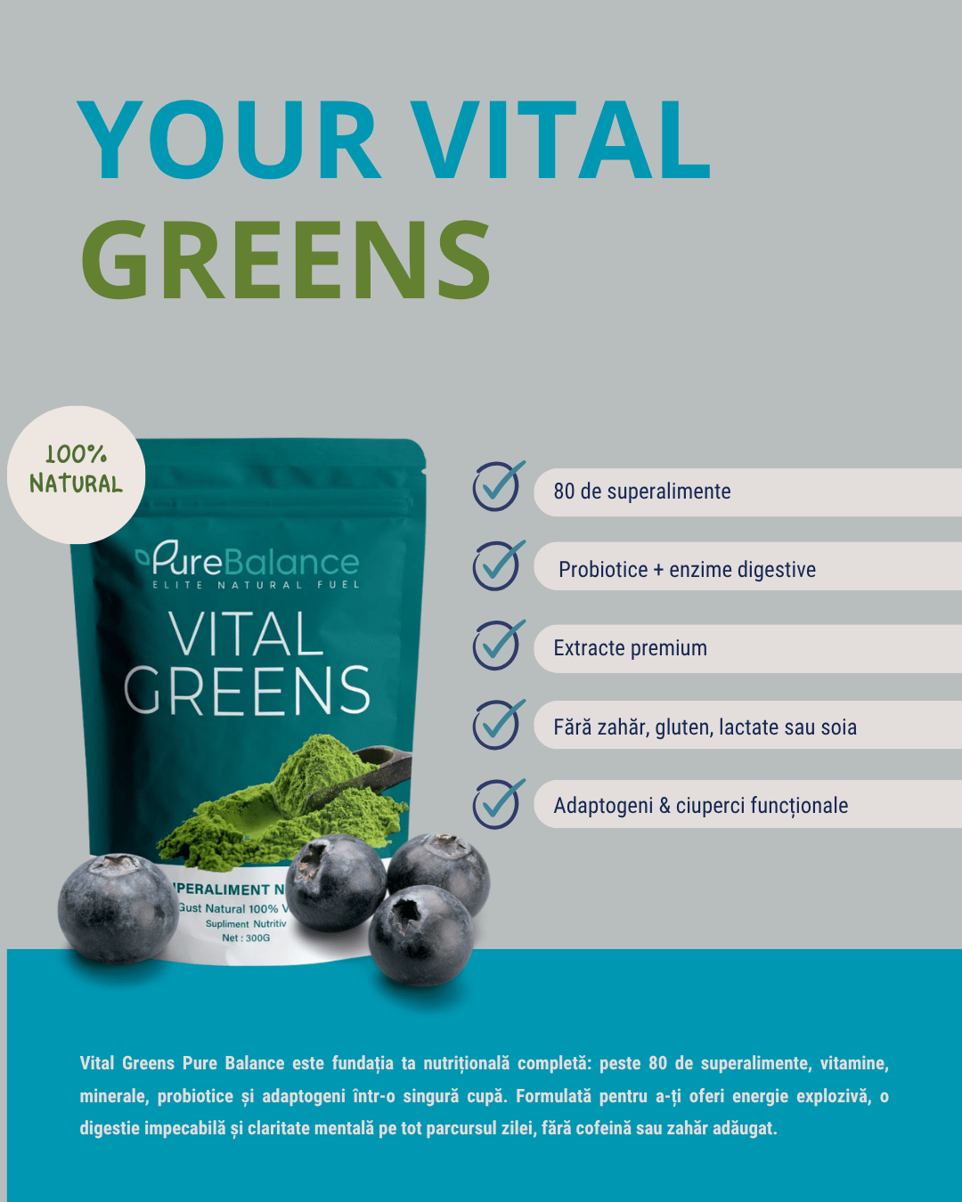 Complex Superalimente Verzi & Multivitamine Pulbere | Vital Greens Pure Balance | Energie & Imunitate | 300g (30 Zile) - Pure Balance