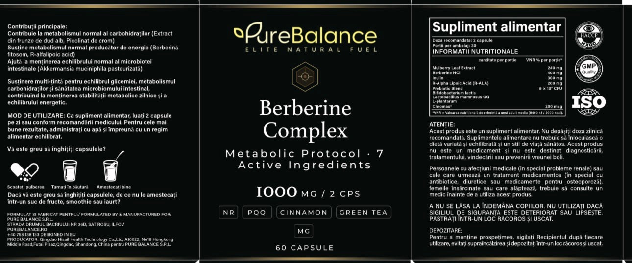 Berberina Complex 1000mg – Protocol Metabolic cu 7 Ingrediente Active | NR + PQQ + Scorțișoară + Ceai Verde | 60 Capsule (30 Zile) | Pure Balance - Pure Balance