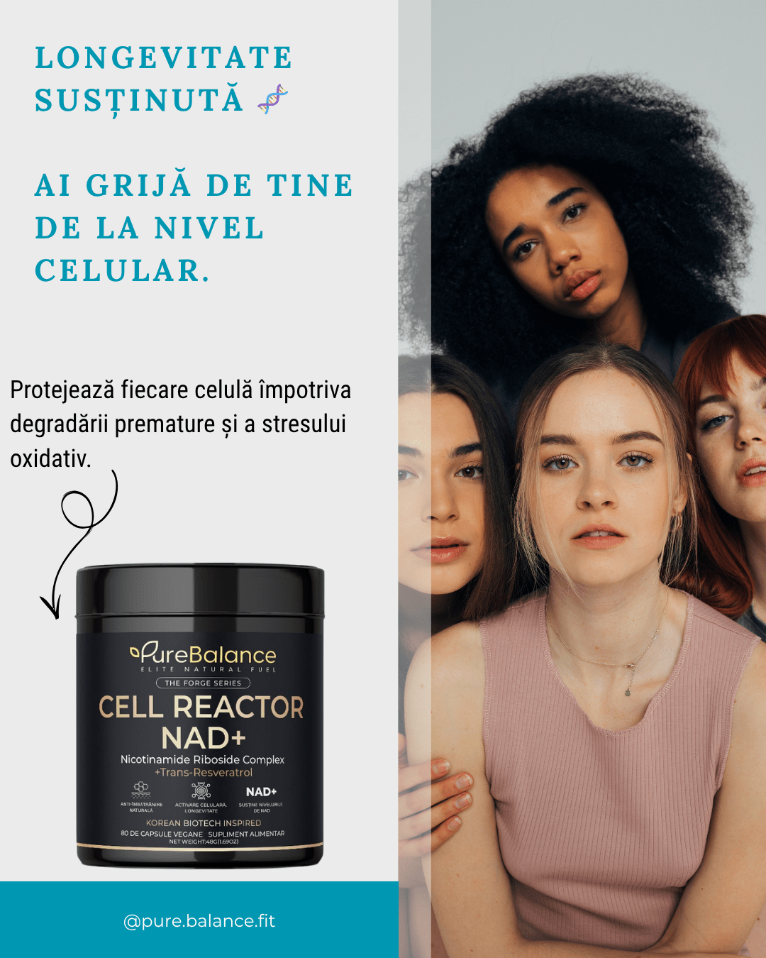 Supliment Longevitate NAD+ & Trans - Resveratrol (700mg) | Cell Reactor Pure Balance | Energie Celulară & Anti - Aging | 80 Capsule (40 Zile) - Pure Balance