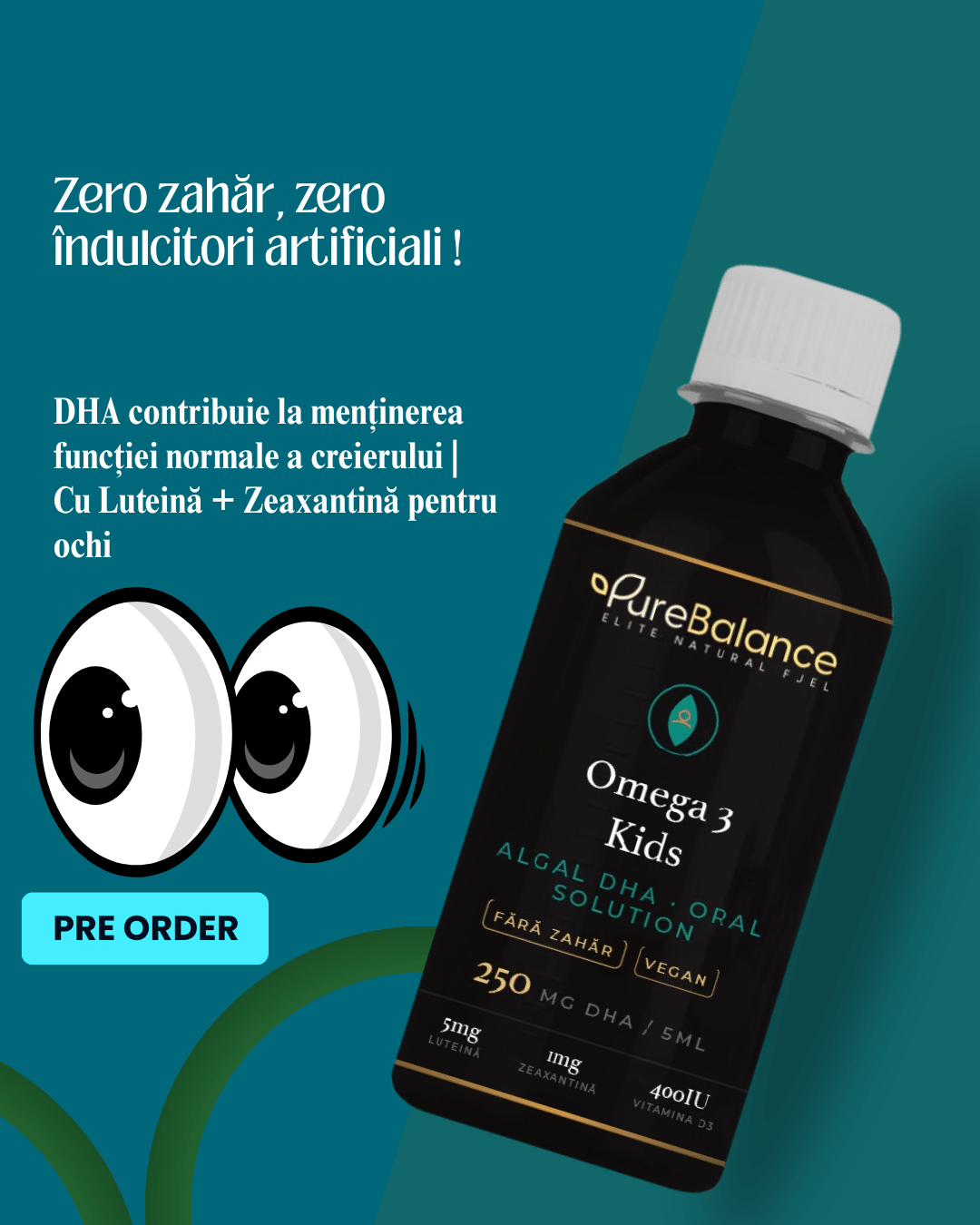 Omega 3 Kids DHA 250mg din Alge | Soluție Orală Vegană cu Luteină, Zeaxantină & Vitamina D3 | Fără Pește, Fără Zahăr | 150 ml (30 Zile) | Pure Balance - Pure Balance