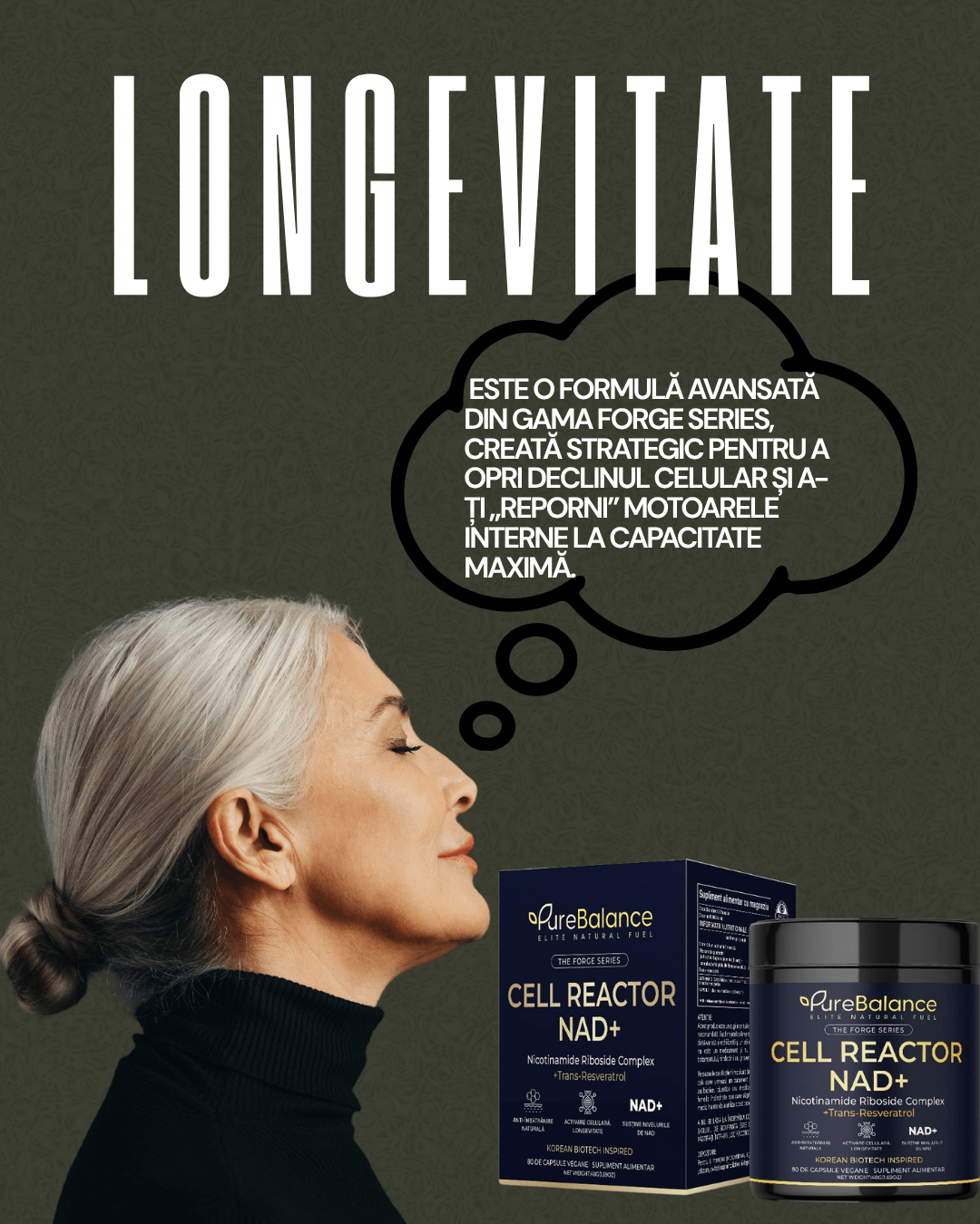 Supliment Longevitate NAD+ & Trans - Resveratrol (700mg) | Cell Reactor Pure Balance | Energie Celulară & Anti - Aging | 80 Capsule (40 Zile) - Pure Balance