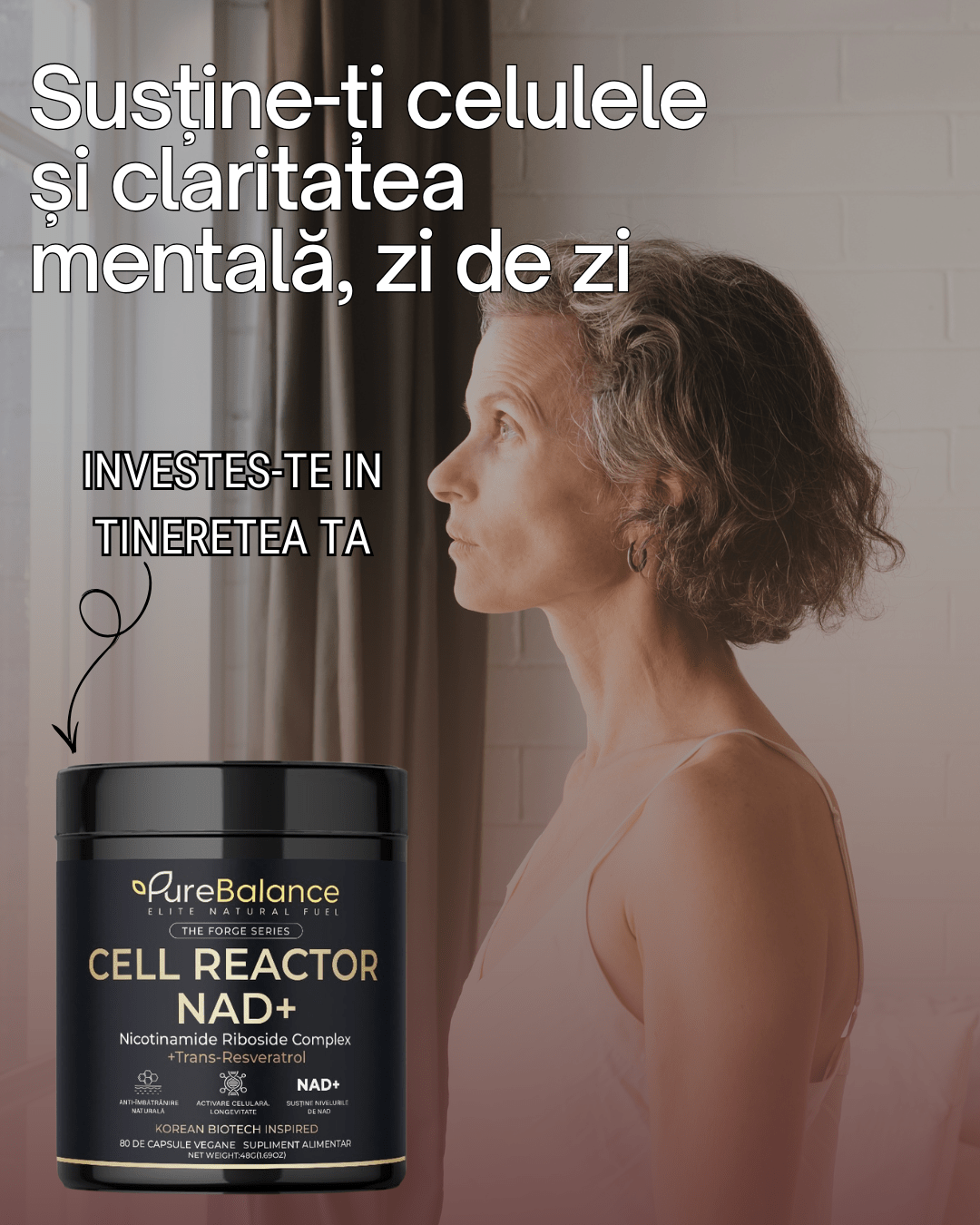 Supliment Longevitate NAD+ & Trans - Resveratrol (700mg) | Cell Reactor Pure Balance | Energie Celulară & Anti - Aging | 80 Capsule (40 Zile) - Pure Balance