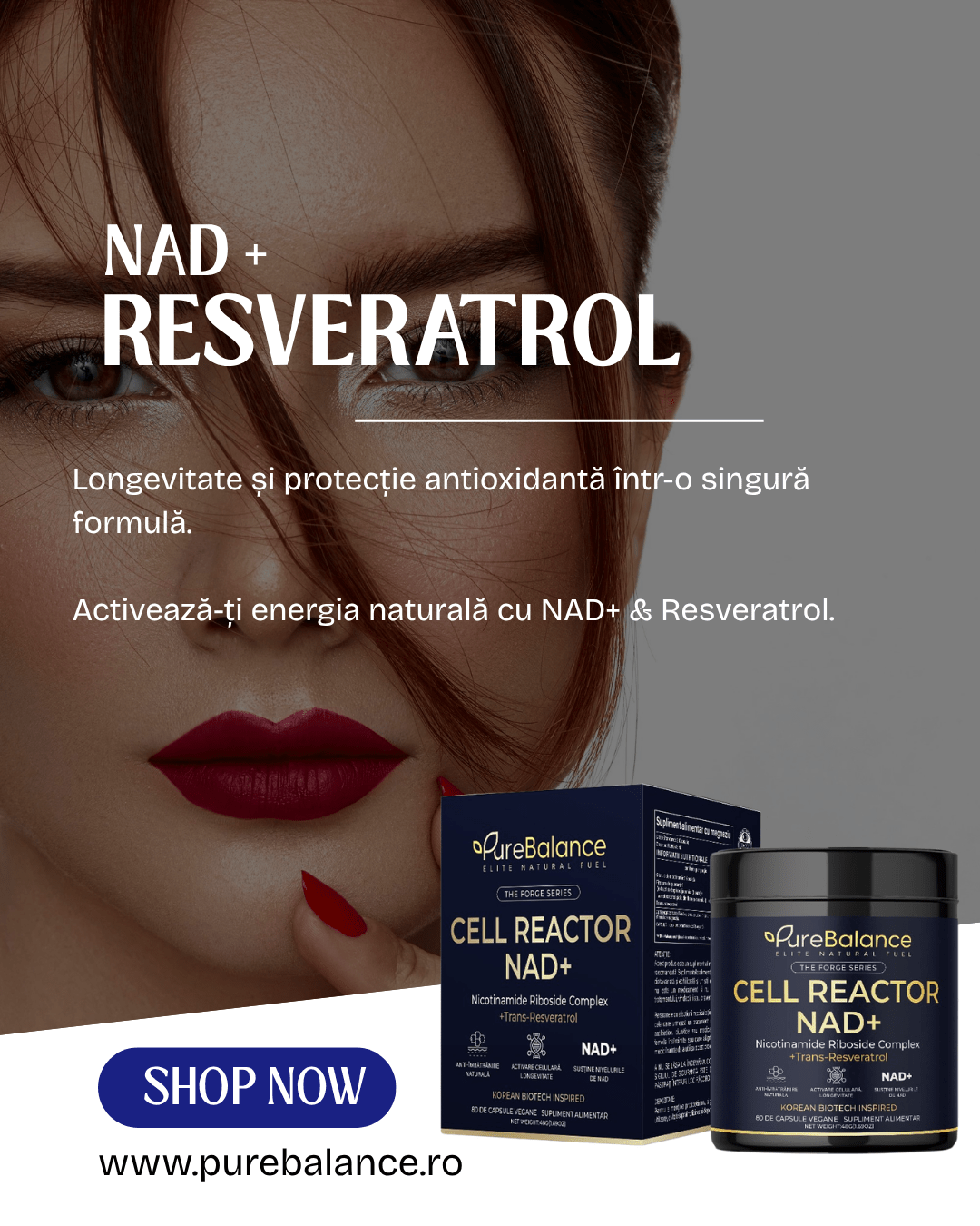 Supliment Longevitate NAD+ & Trans - Resveratrol (700mg) | Cell Reactor Pure Balance | Energie Celulară & Anti - Aging | 80 Capsule (40 Zile) - Pure Balance