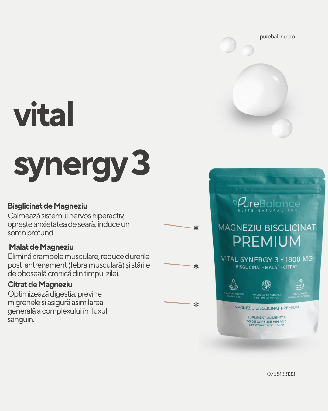 💤 Magneziu Bisglicinat Premium VITAL Synergy 3 - (Bisglicinat + Malat + Citrat) 1800mg – 90 Capsule Vegane(45 zile) pentru Somn, Relaxare & Anti - Crampe | Pure Balance - Pure Balance