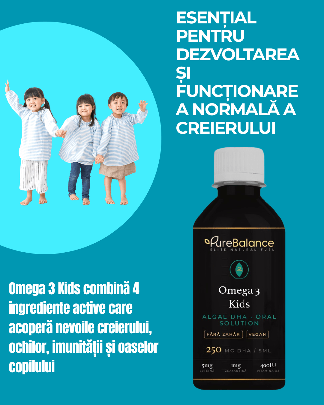 Omega 3 Kids DHA 250mg din Alge | Soluție Orală Vegană cu Luteină, Zeaxantină & Vitamina D3 | Fără Pește, Fără Zahăr | 150 ml (30 Zile) | Pure Balance - Pure Balance
