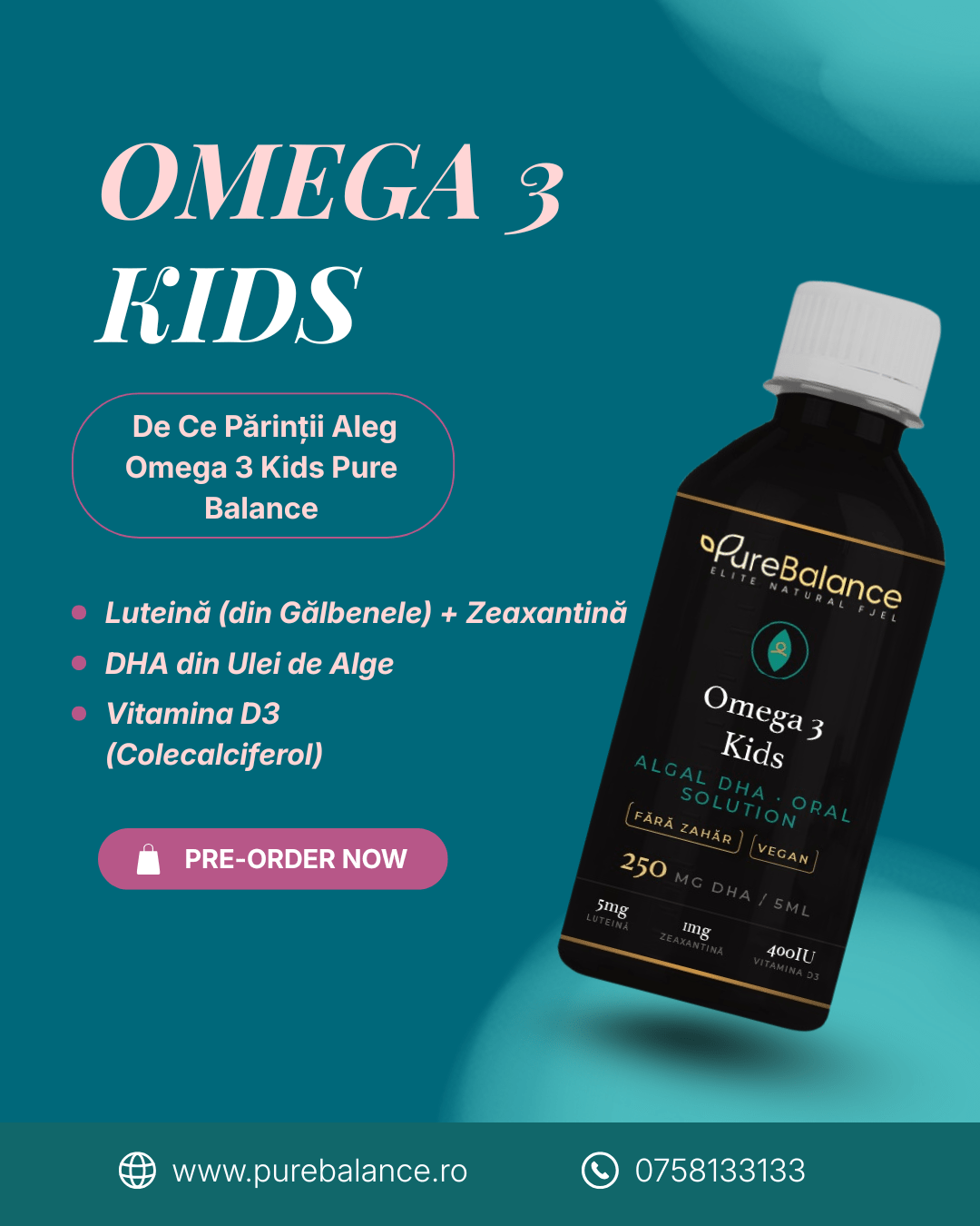 Omega 3 Kids DHA 250mg din Alge | Soluție Orală Vegană cu Luteină, Zeaxantină & Vitamina D3 | Fără Pește, Fără Zahăr | 150 ml (30 Zile) | Pure Balance - Pure Balance