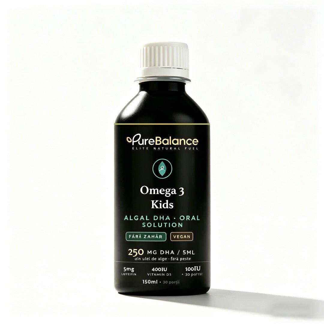 Omega 3 Kids DHA 250mg din Alge | Soluție Orală Vegană cu Luteină, Zeaxantină & Vitamina D3 | Fără Pește, Fără Zahăr | 150 ml (30 Zile) | Pure Balance - Pure Balance