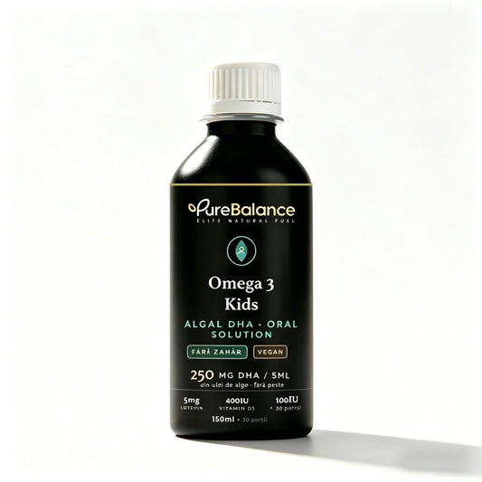 Omega 3 Kids DHA 250mg din Alge | Soluție Orală Vegană cu Luteină, Zeaxantină & Vitamina D3 | Fără Pește, Fără Zahăr | 150 ml (30 Zile) | Pure Balance - Pure Balance