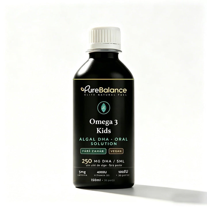 Omega 3 Kids DHA 250mg din Alge | Soluție Orală Vegană cu Luteină, Zeaxantină & Vitamina D3 | Fără Pește, Fără Zahăr | 150 ml (30 Zile) | Pure Balance