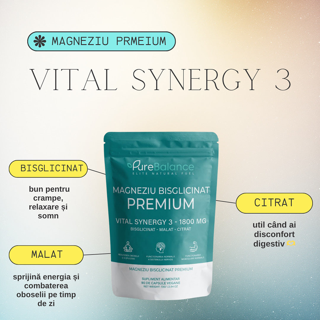 💤 Magneziu Bisglicinat Premium VITAL Synergy 3 (Bisglicinat + Malat + Citrat) – 90 Capsule Vegane pentru Somn, Relaxare & Anti-Crampe | Pure Balance