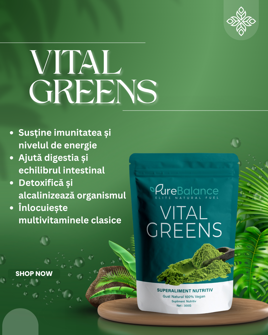 🌿 Vital Greens – Supliment Multivitamine și Minerale, Superaliment Verde (300g) pentru Energie & Imunitate | Pure Balance