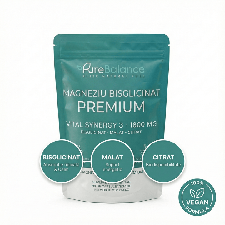 Magneziu Bisglicinat Premium VITAL Synergy 3-(Bisglicinat + Malat + Citrat) 1800mg – 90 Capsule Vegane(45 zile) pentru Somn, Relaxare & Anti-Crampe | Pure Balance