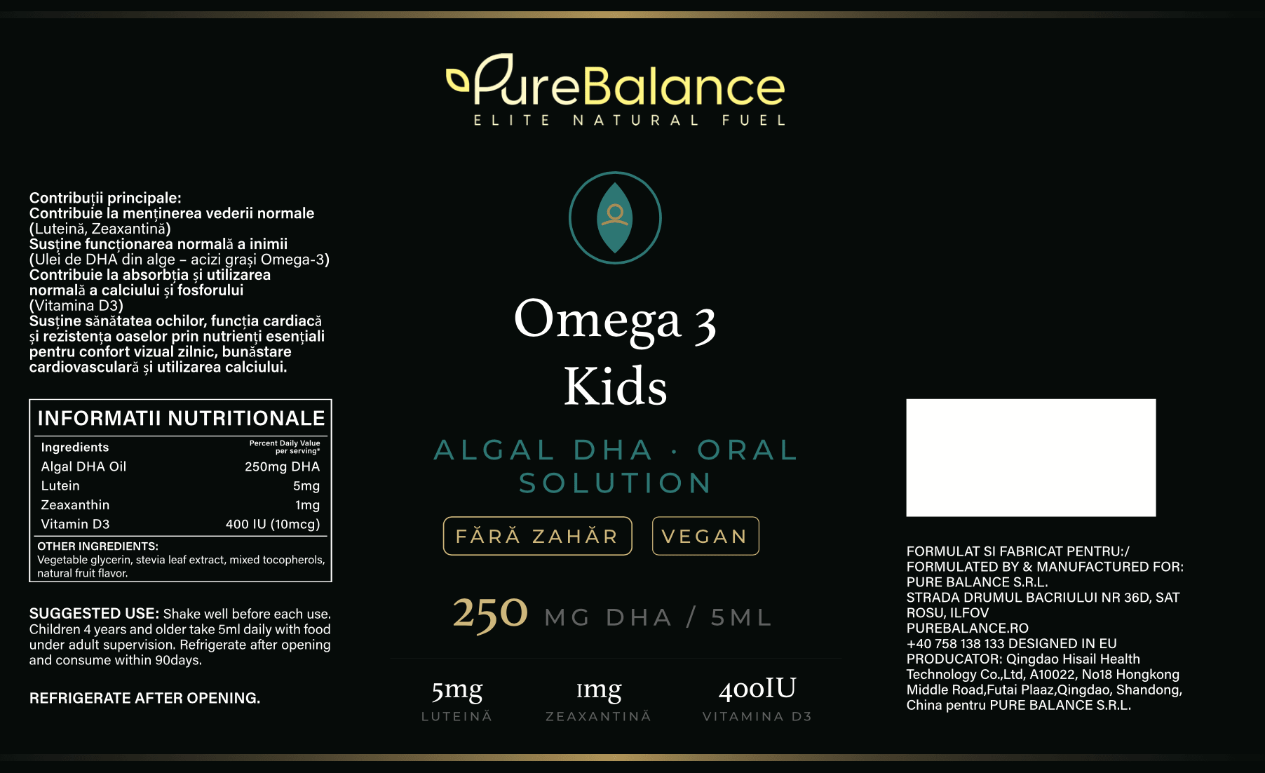Omega 3 Kids DHA 250mg din Alge | Soluție Orală Vegană cu Luteină, Zeaxantină & Vitamina D3 | Fără Pește, Fără Zahăr | 150 ml (30 Zile) | Pure Balance - Pure Balance