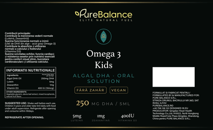Omega 3 Kids DHA 250mg din Alge | Soluție Orală Vegană cu Luteină, Zeaxantină & Vitamina D3 | Fără Pește, Fără Zahăr | 150 ml (30 Zile) | Pure Balance - Pure Balance