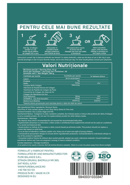 💖 Vital Collagen – Pulbere Colagen 12.000 mg, Multi-Complex cu Biotină & Acid Hialuronic pentru Piele, Păr & Articulații | Pure Balance