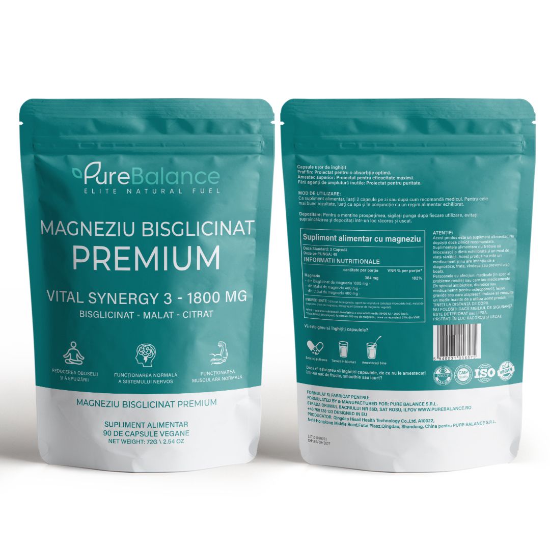 Magneziu Bisglicinat Premium VITAL Synergy 3 (Bisglicinat + Malat + Citrat) – 90 capsule vegane | Pure Balance