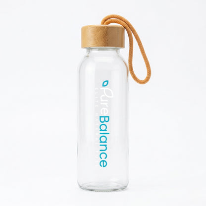 Sticlă Premium din Borosilicat, 300ml, cu Capac din Bambus Natural și Mâner Textil – Hidratare în Echilibru Perfect - Pure Balance