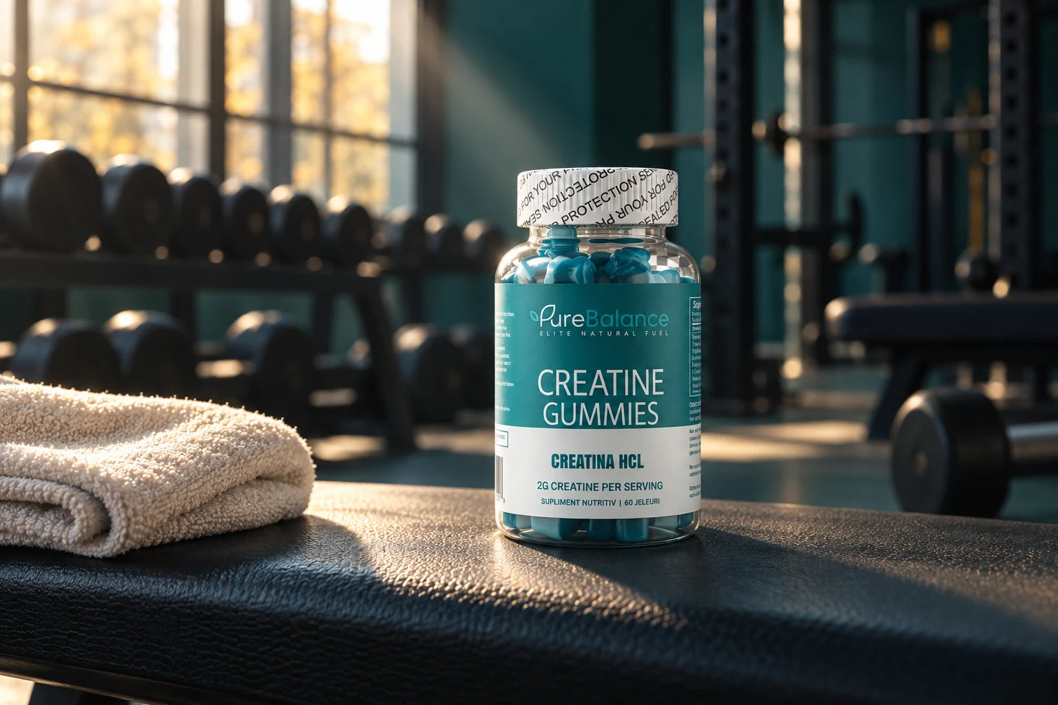 Creatine Gummies Pure Balance pe o bancă într-o sală de fitness.