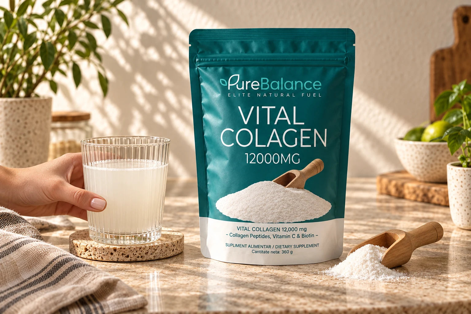 Recipient Pure Balance Vital Colagen într-un decor natural