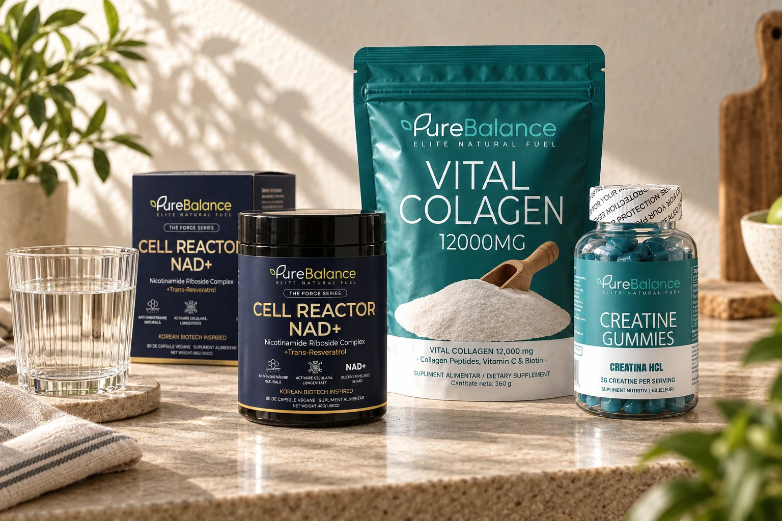 NAD+, colagen, creatină și vitamine Pure Balance într-un decor natural